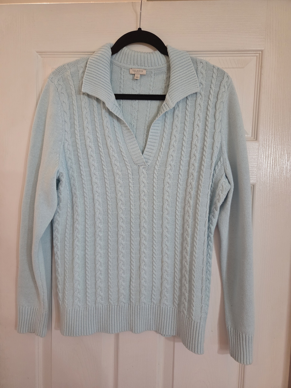 Talbots Light Blue Cable-Knit V-Neck Collared Sweater